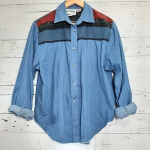 Vintage Western Denim Style Button Front Shirt Aztec Southwestern Size Medium﻿﻿﻿